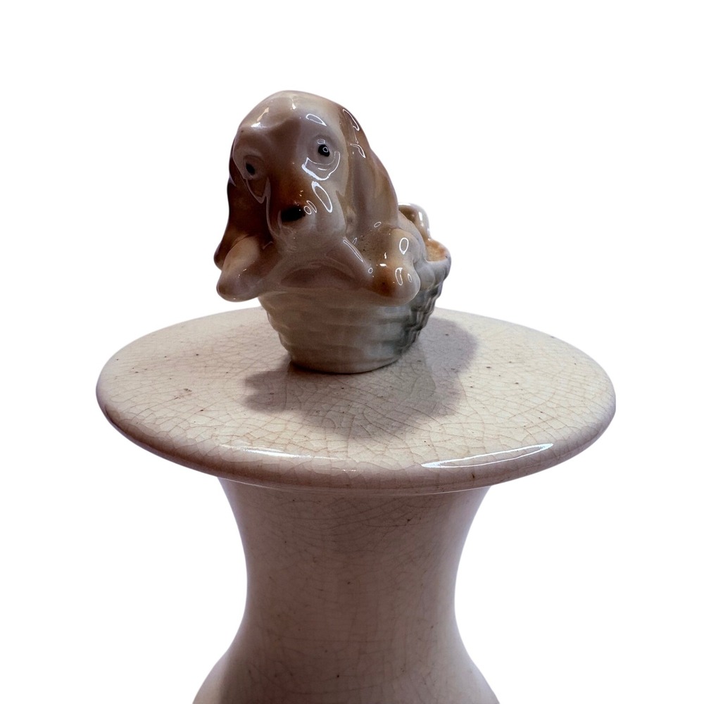 Ceramic Basset Hound Dog Puppy in Basket Figurine Hand Painted Japan Vintage